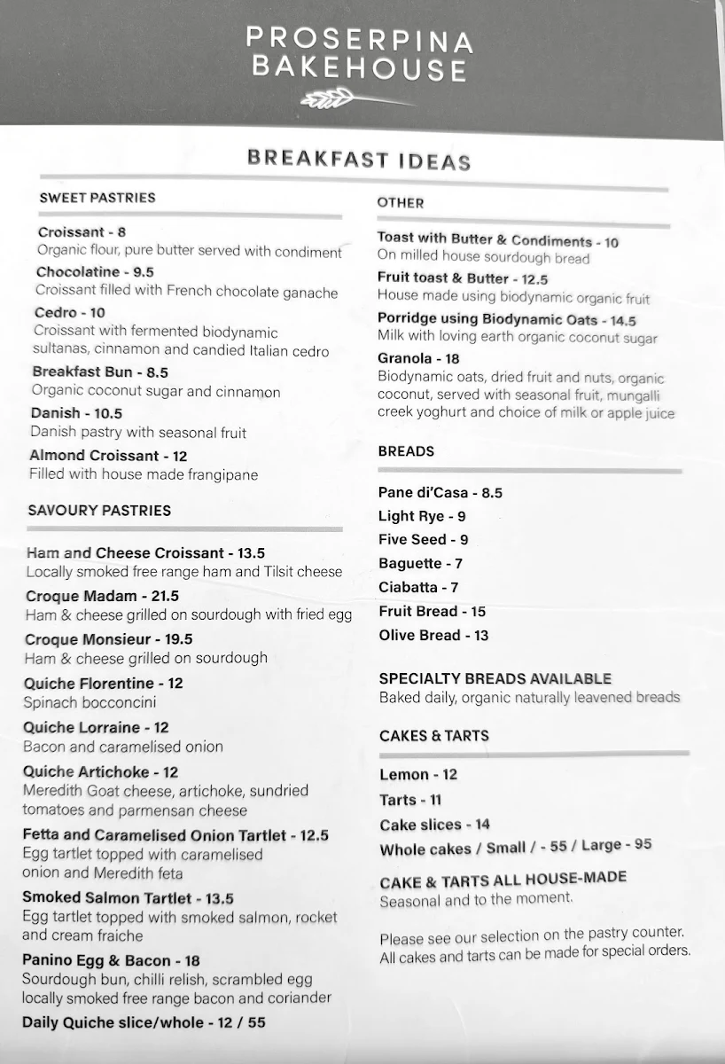 Menu, Proserpina Bakehouse