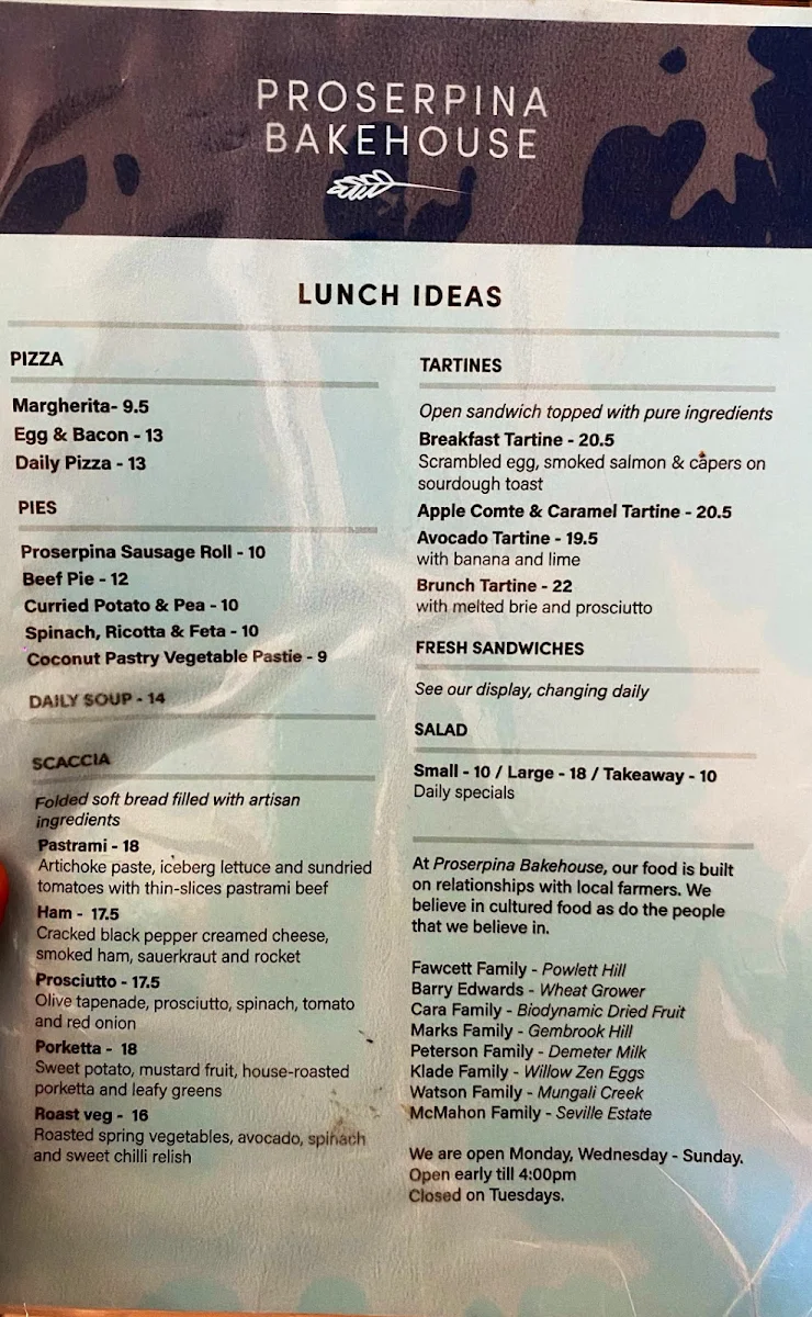 Menu, Proserpina Bakehouse