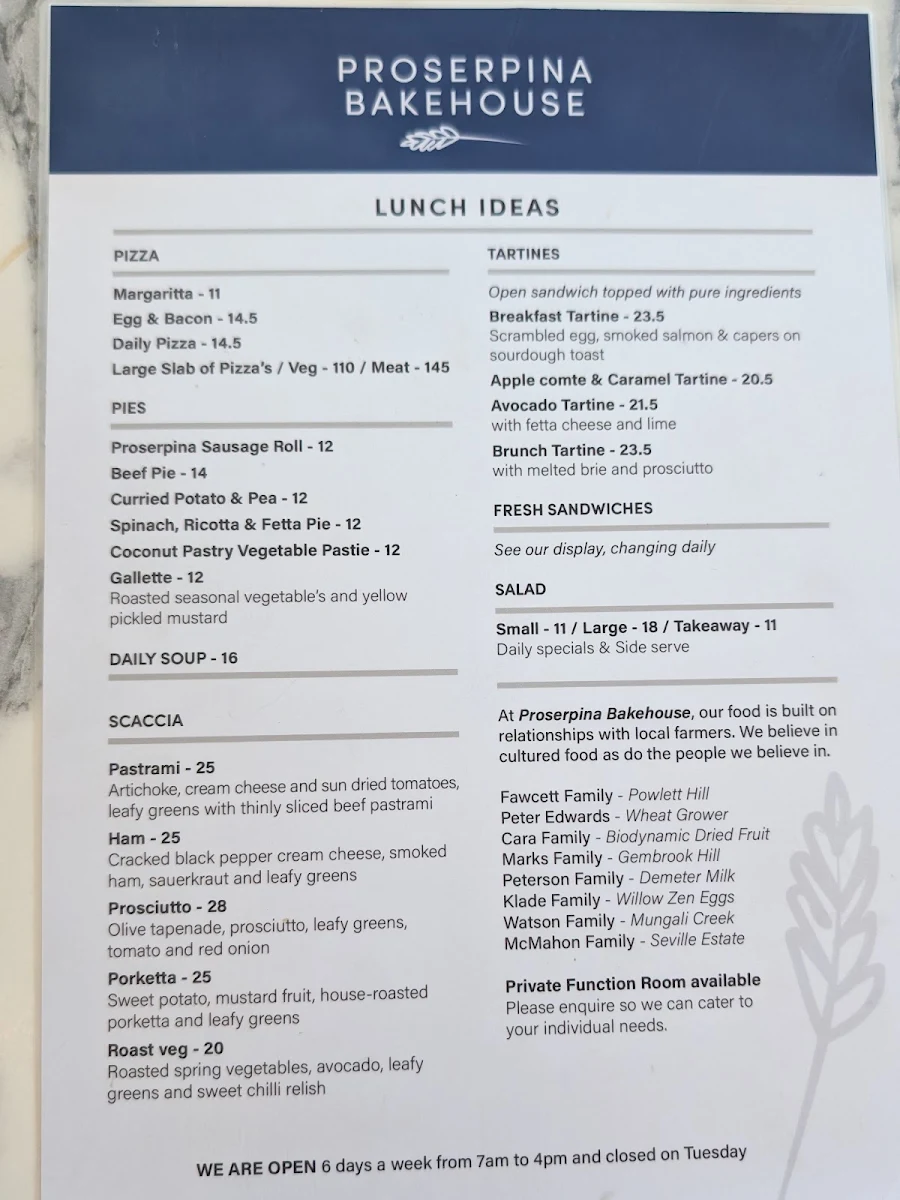 Menu, Proserpina Bakehouse