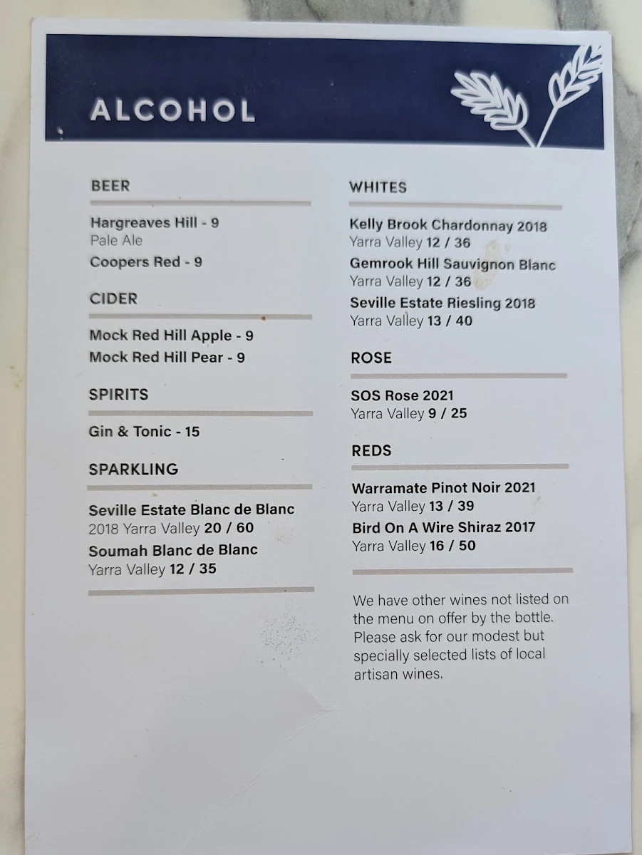 Menu, Proserpina Bakehouse