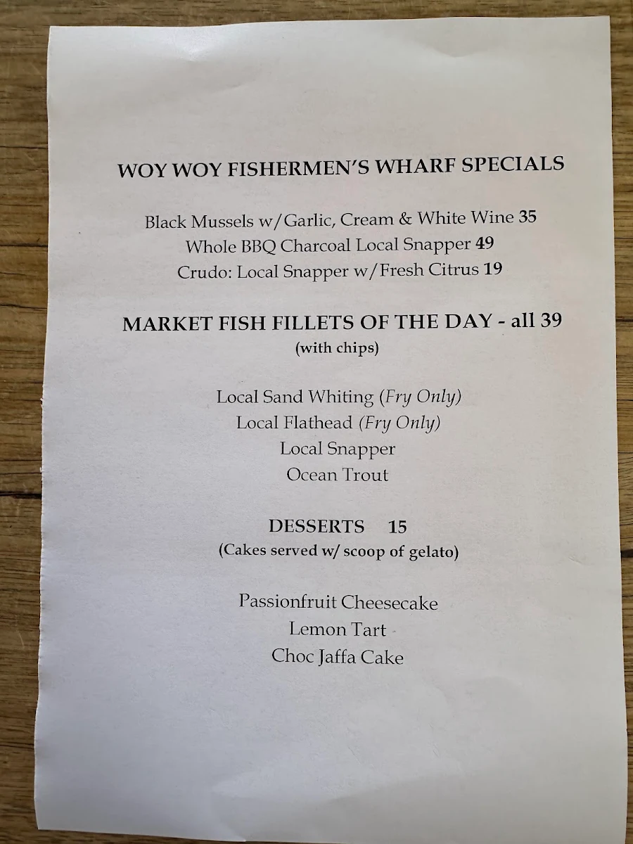 Menu, Woy Woy Fishermen's Wharf
