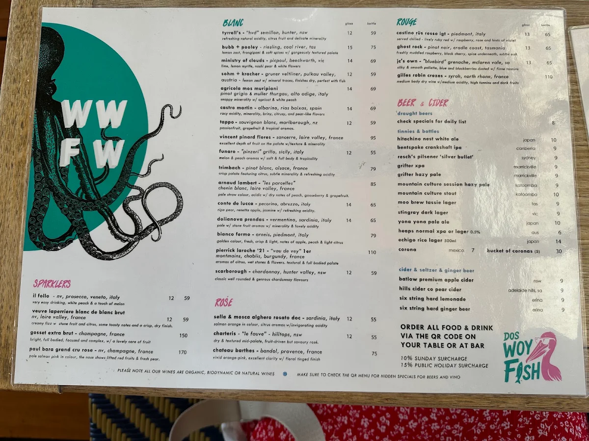 Menu, Woy Woy Fishermen's Wharf
