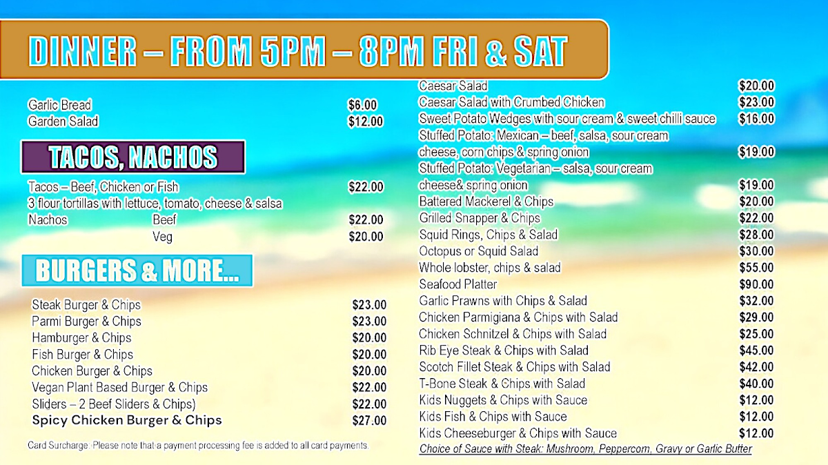 Menu, Jurien Bay Beach Cafe