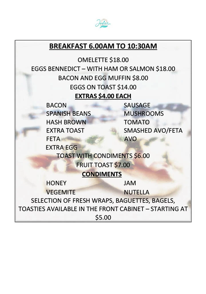 Menu, Jurien Bay Beach Cafe