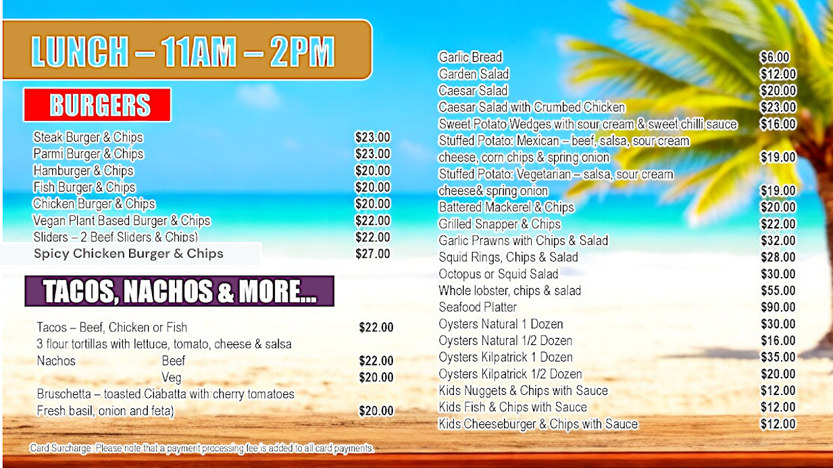 Menu, Jurien Bay Beach Cafe
