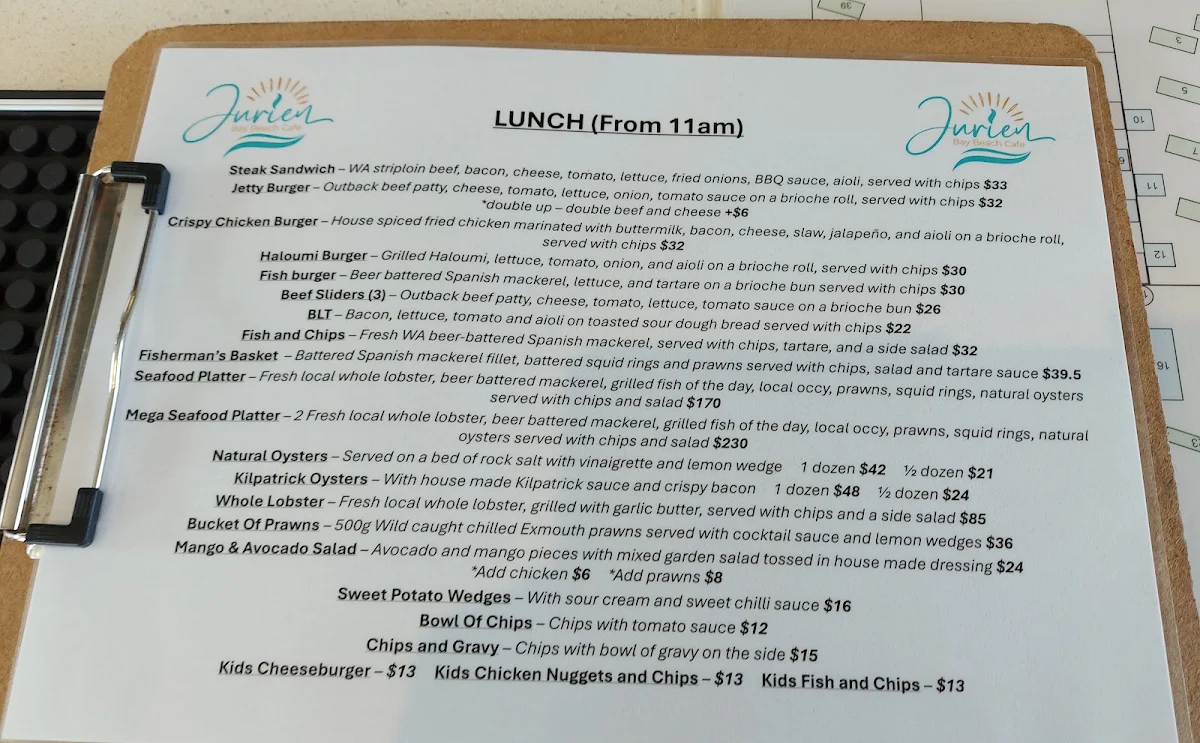 Menu, Jurien Bay Beach Cafe