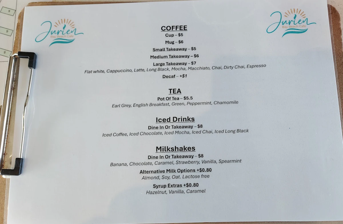 Menu, Jurien Bay Beach Cafe