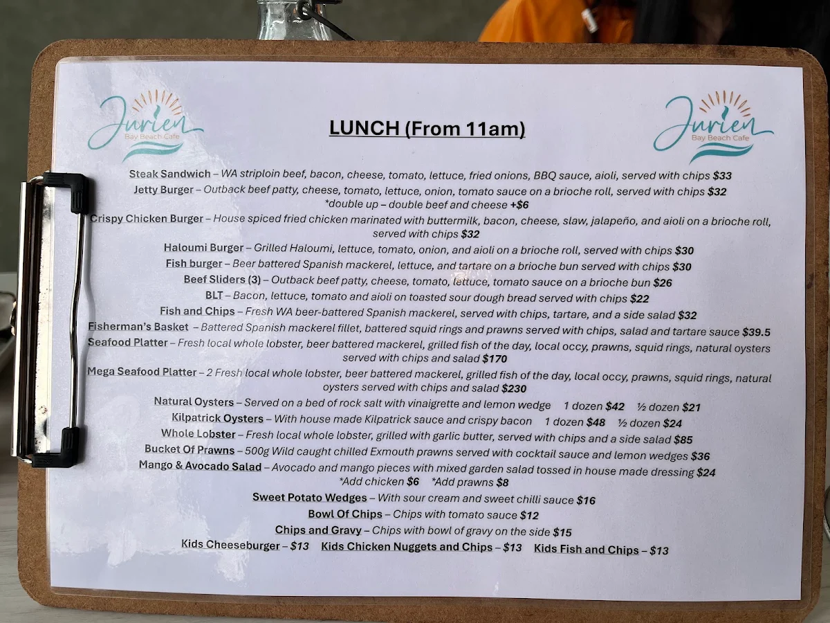 Menu, Jurien Bay Beach Cafe