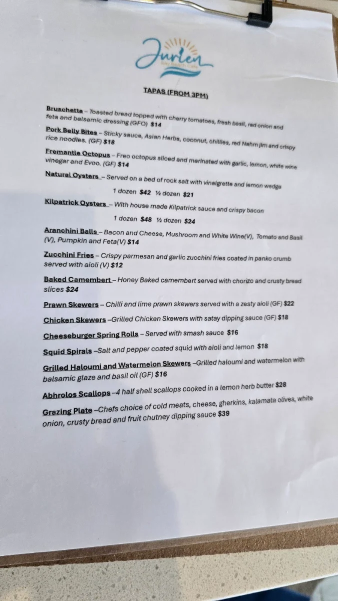 Menu, Jurien Bay Beach Cafe