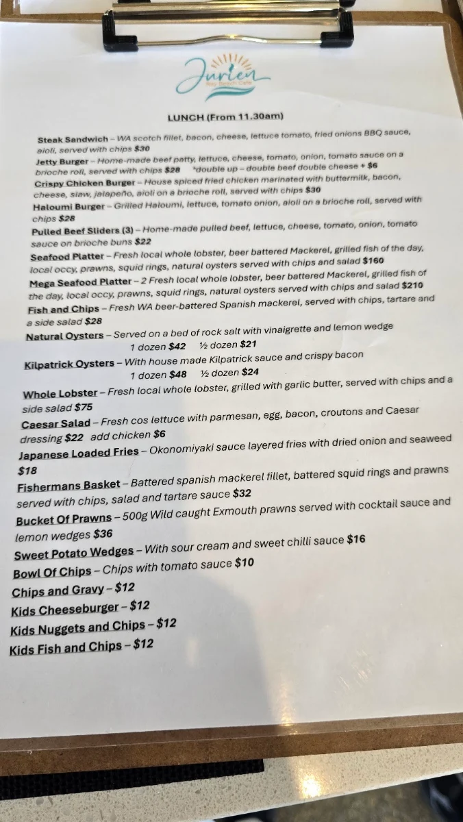 Menu, Jurien Bay Beach Cafe