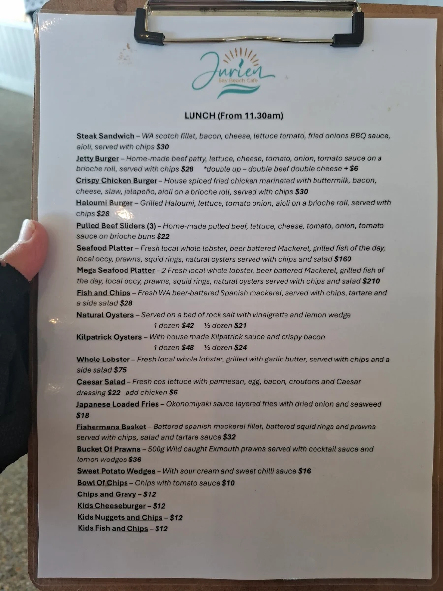 Menu, Jurien Bay Beach Cafe