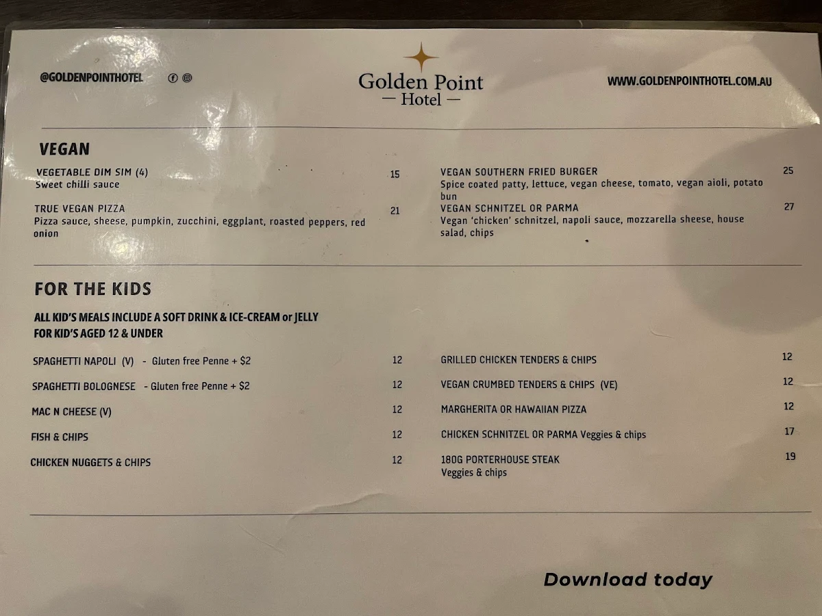 Menu, Golden Point Hotel