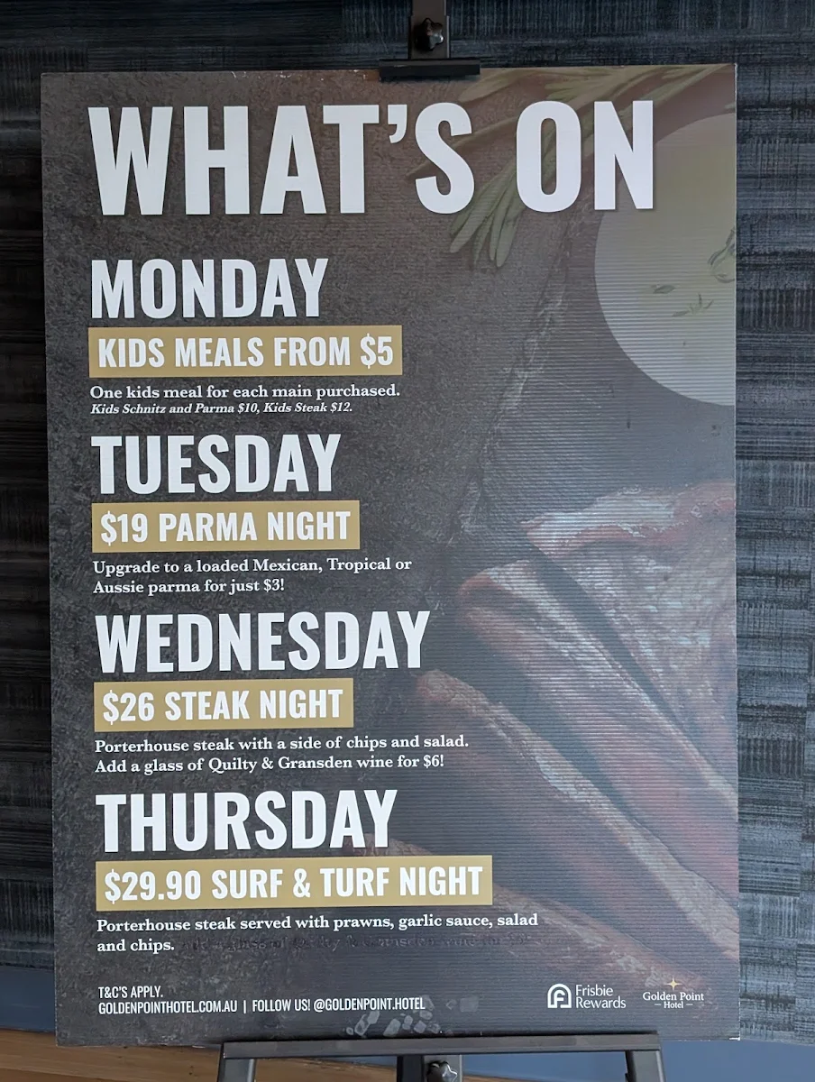 Menu, Golden Point Hotel