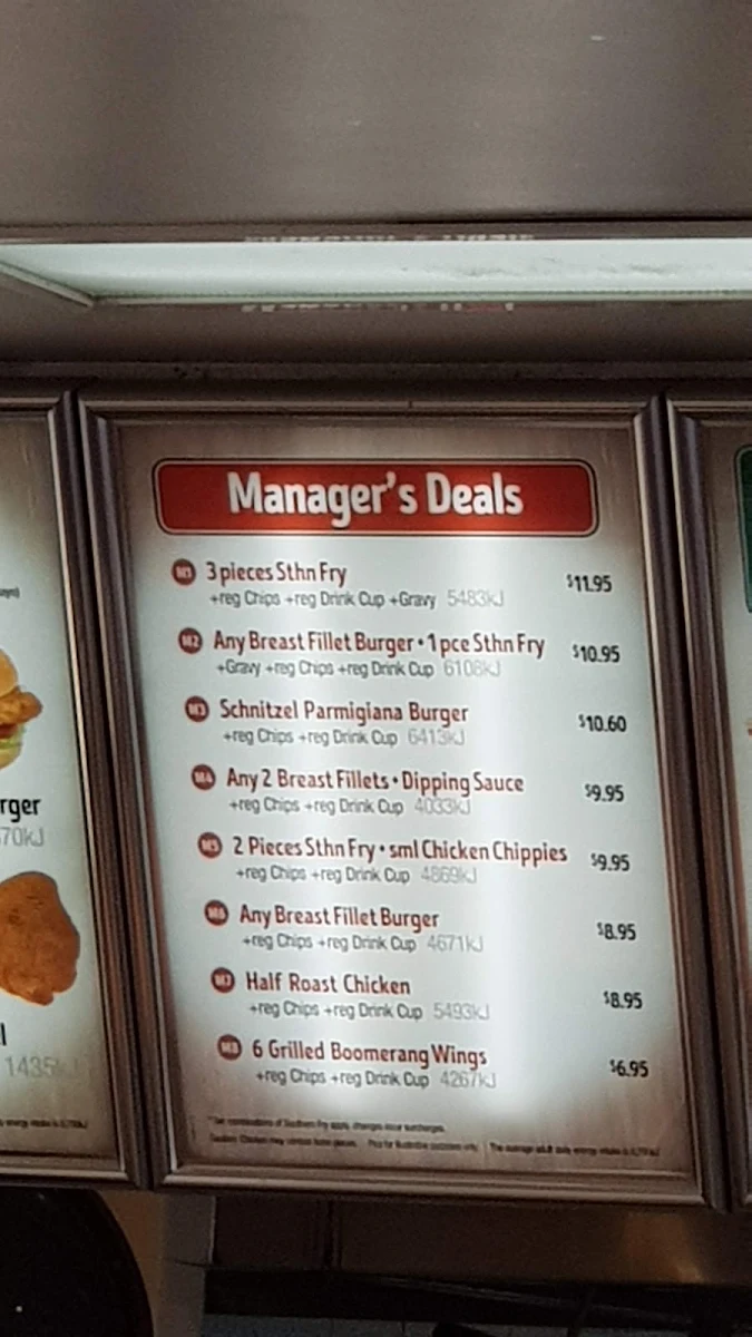 Menu, Kingsley's Chicken Belconnen
