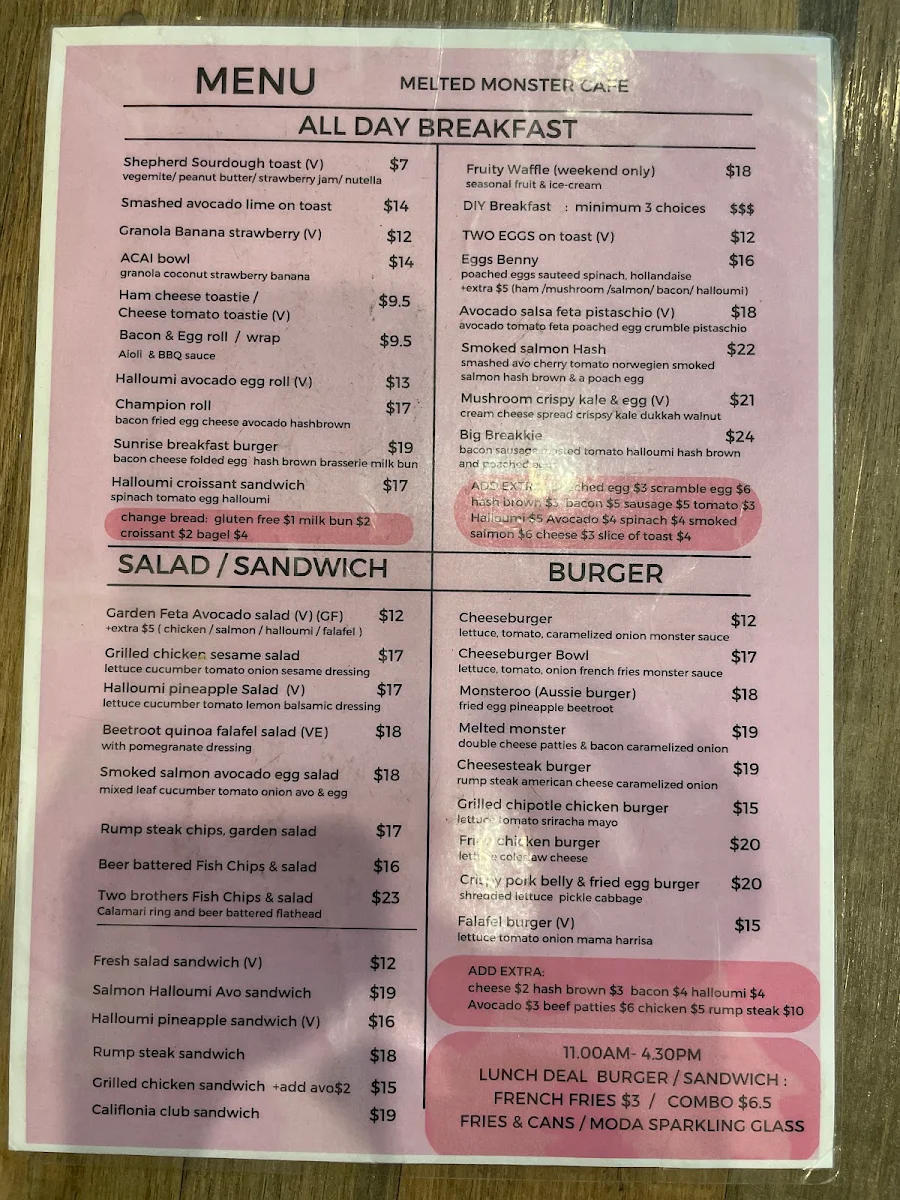 Menu, Melted Monster cafe