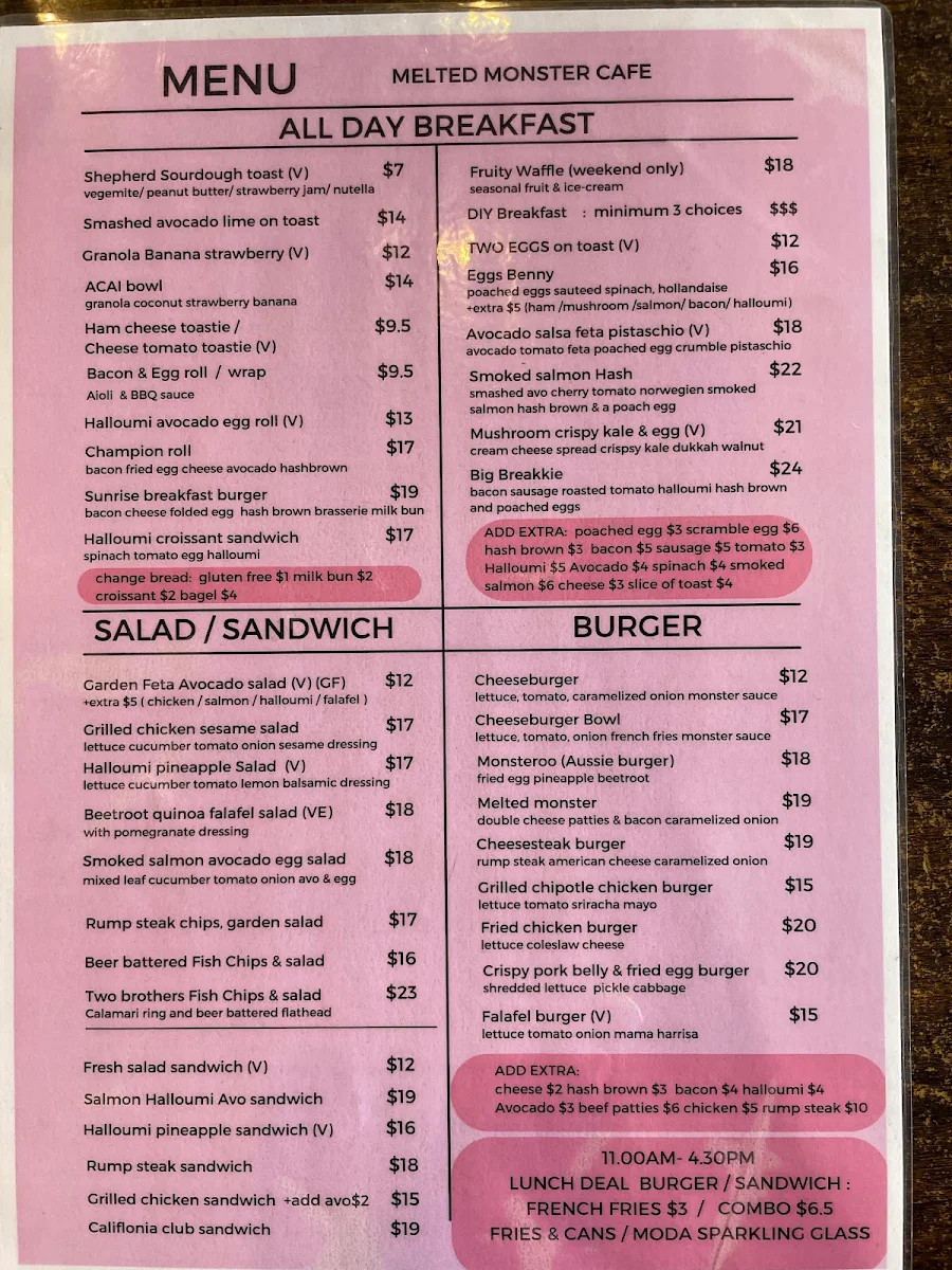Menu, Melted Monster cafe