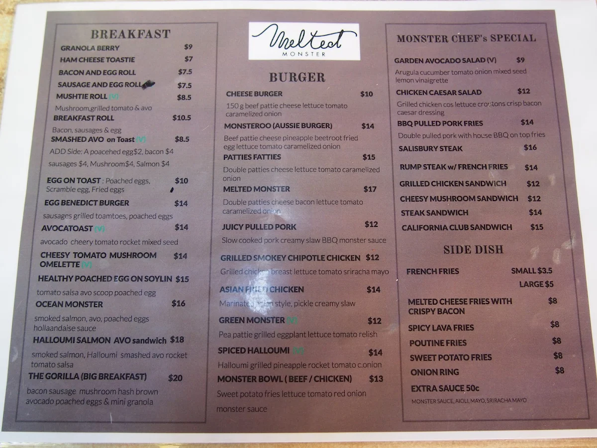 Menu, Melted Monster cafe