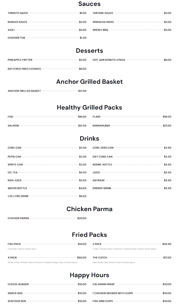 Menu, Anchor Fish and Chips-Watsonia