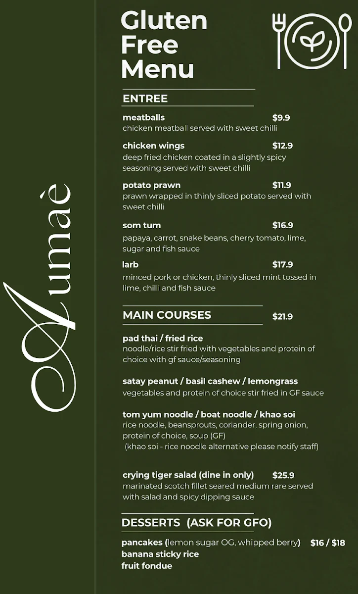 Menu, Aumaè Mount Gambier