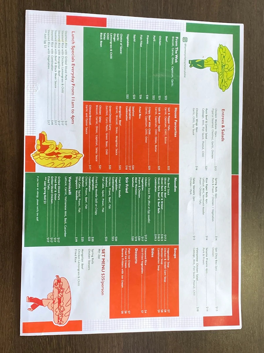 Menu, Harmony Vietnamese Cuisine