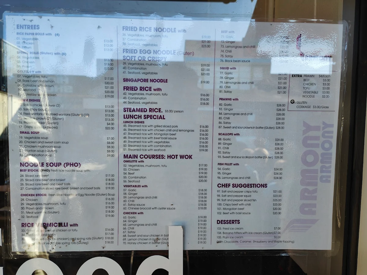 Menu, Harmony Vietnamese Cuisine