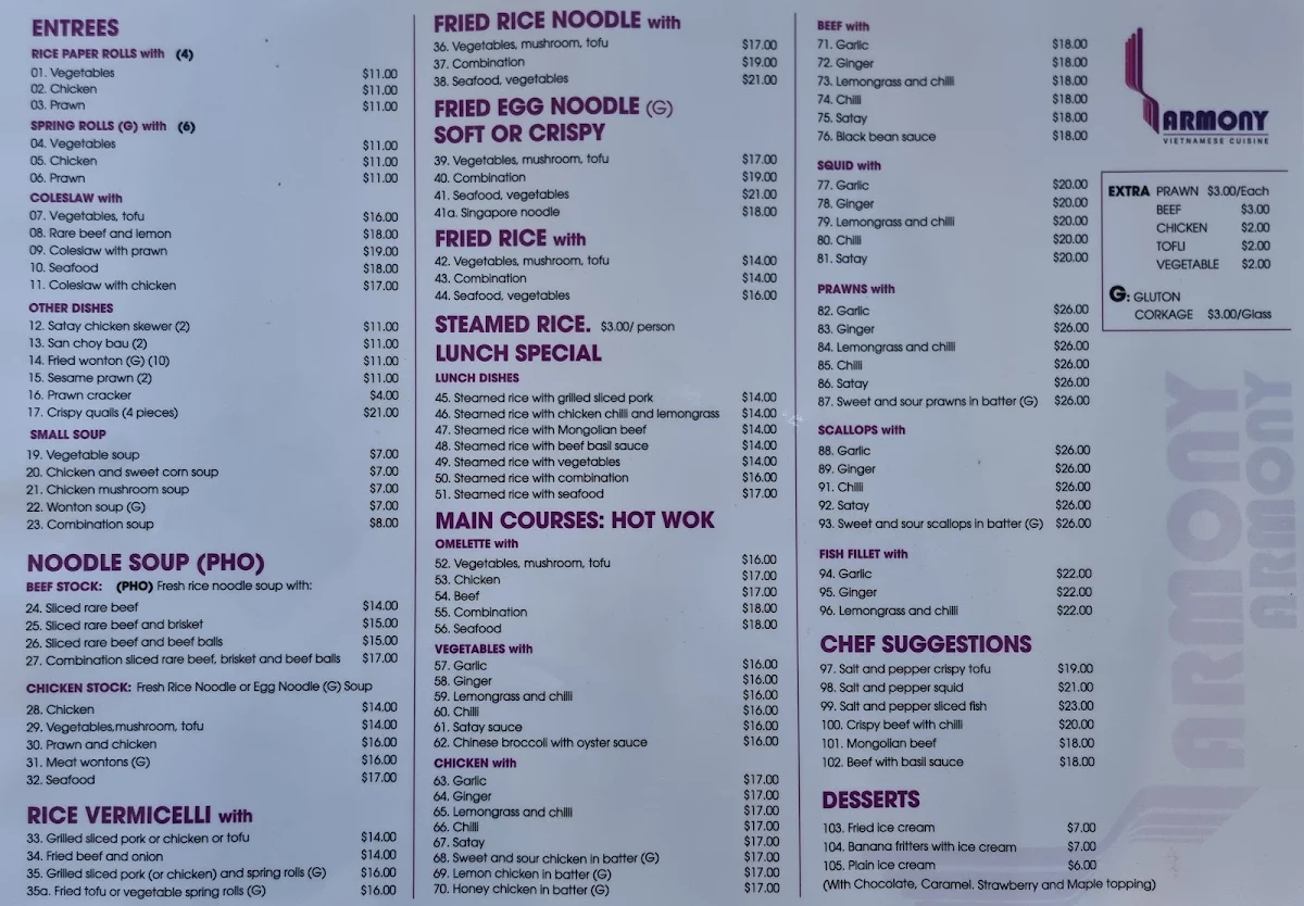Menu, Harmony Vietnamese Cuisine