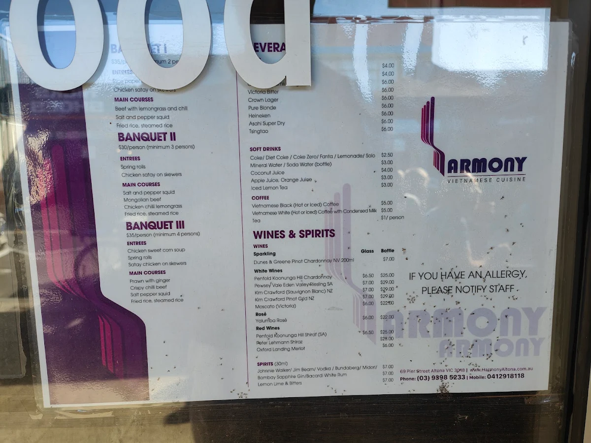 Menu, Harmony Vietnamese Cuisine