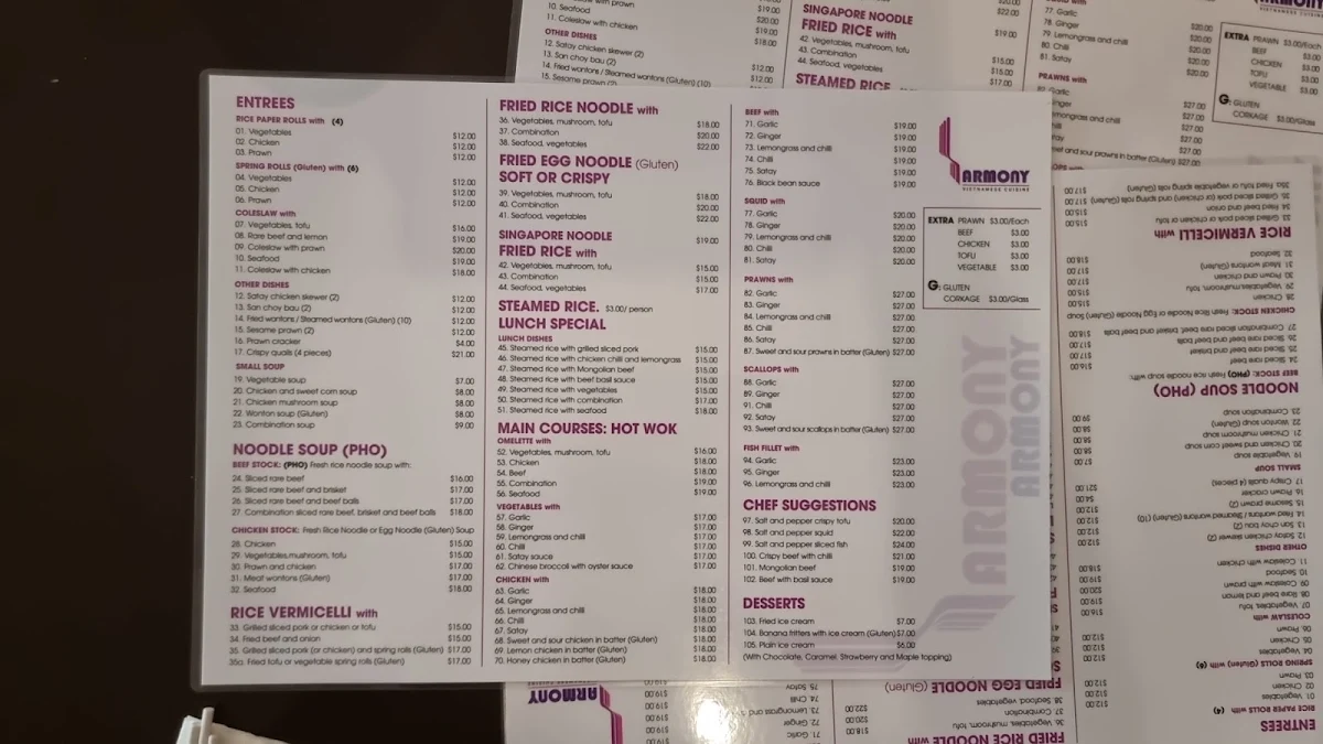 Menu, Harmony Vietnamese Cuisine