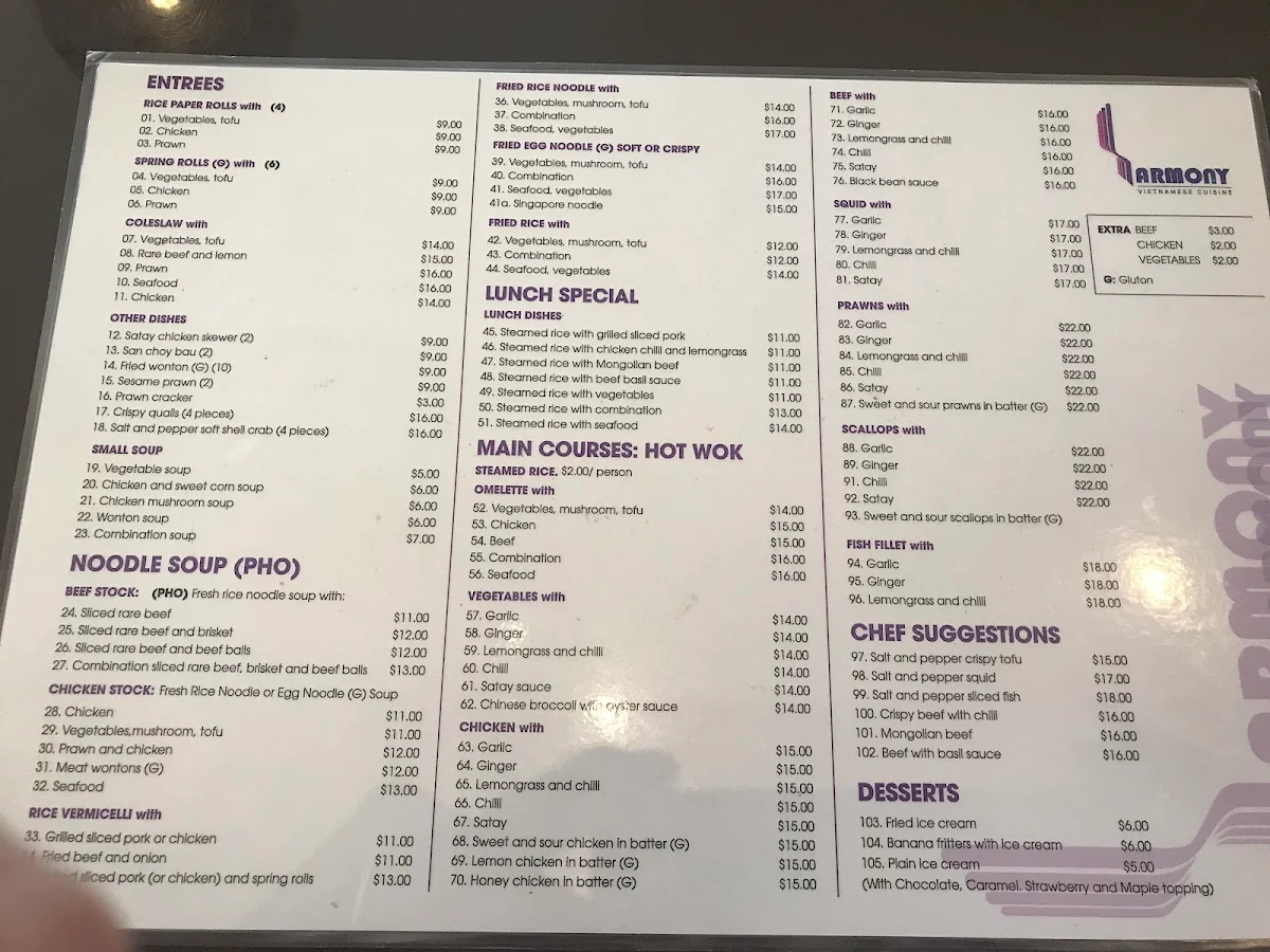 Menu, Harmony Vietnamese Cuisine