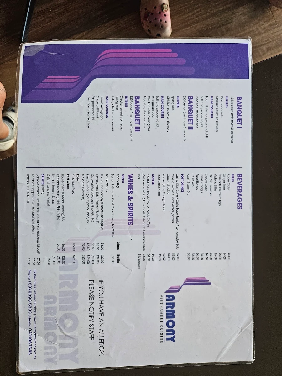 Menu, Harmony Vietnamese Cuisine