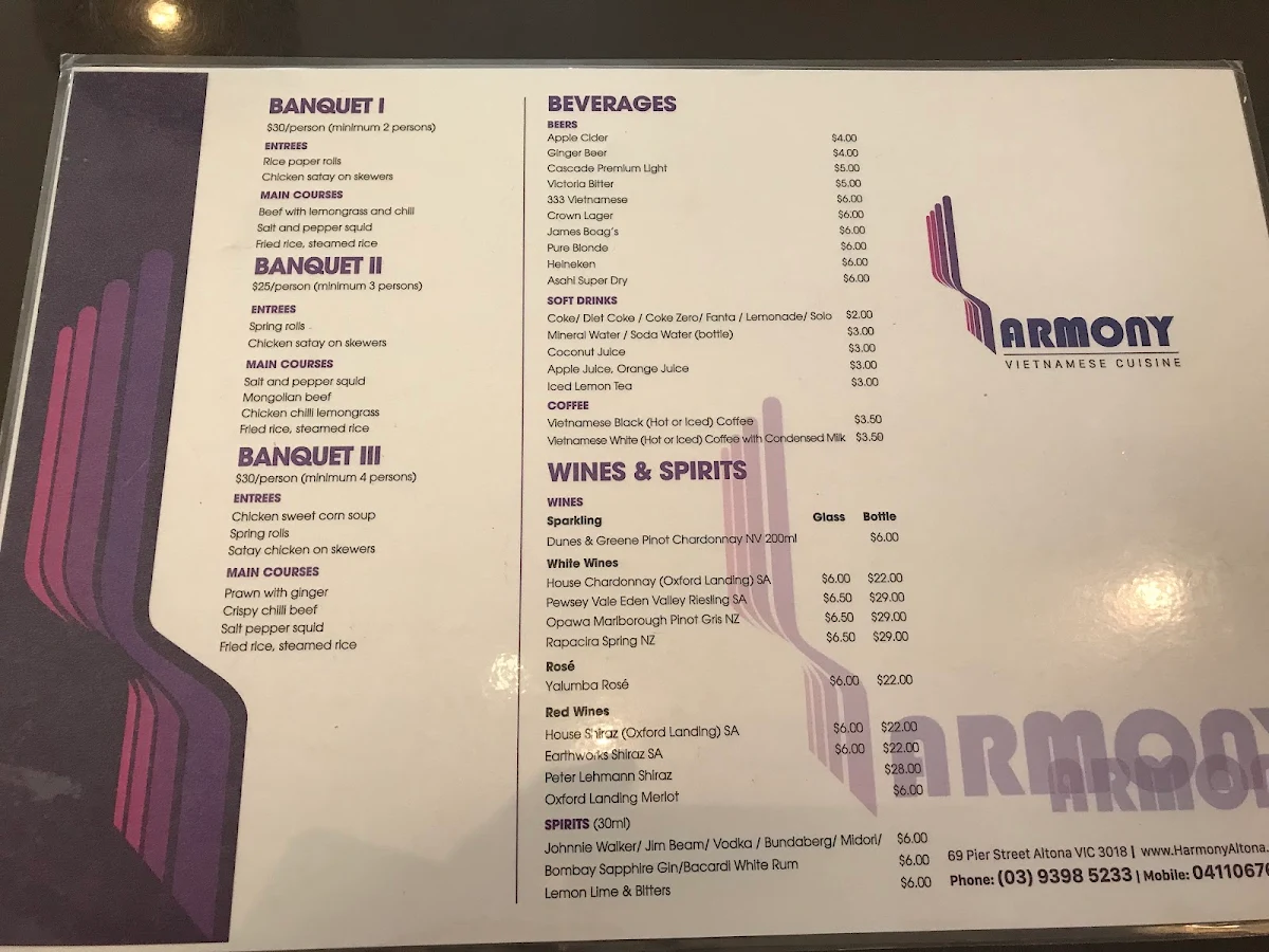 Menu, Harmony Vietnamese Cuisine
