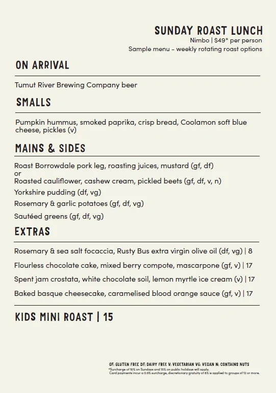 Menu, Three Blue Ducks at Nimbo Fork