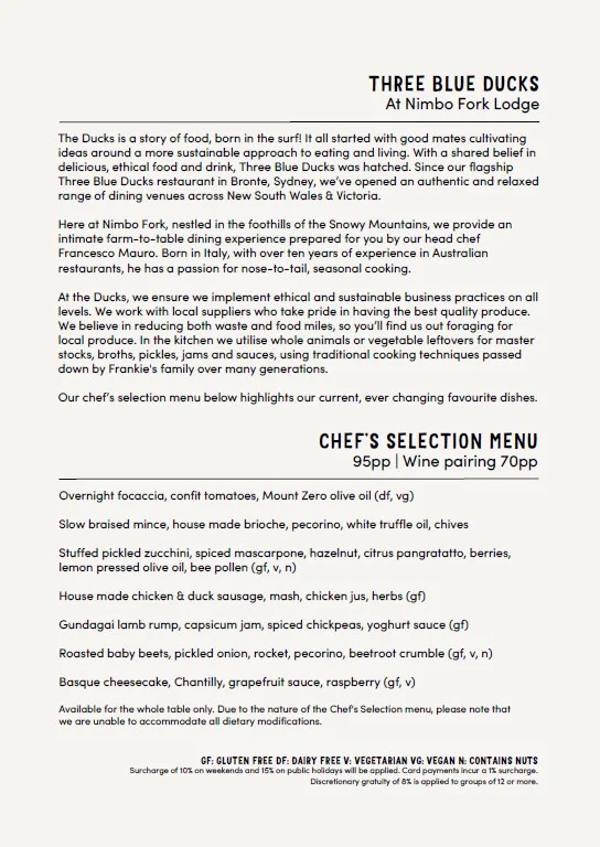 Menu, Three Blue Ducks at Nimbo Fork