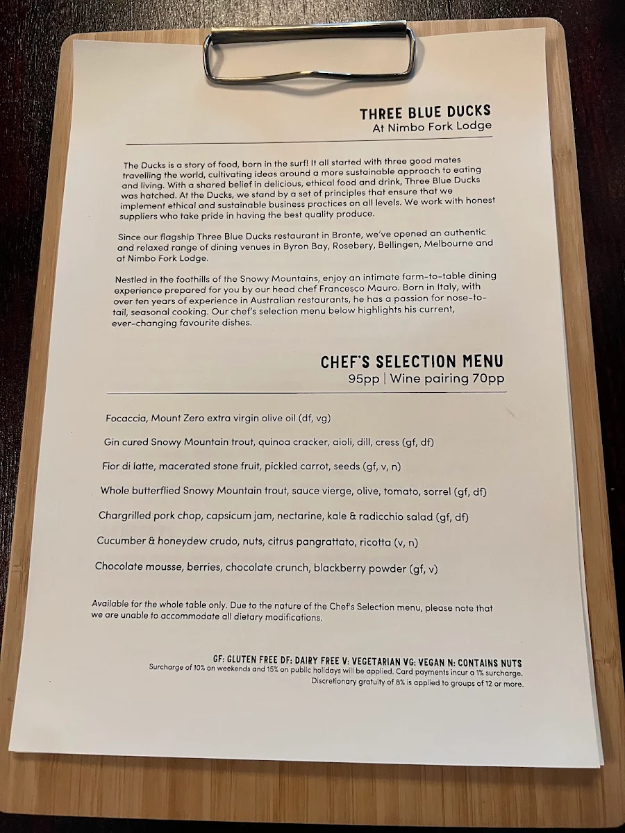 Menu, Three Blue Ducks at Nimbo Fork