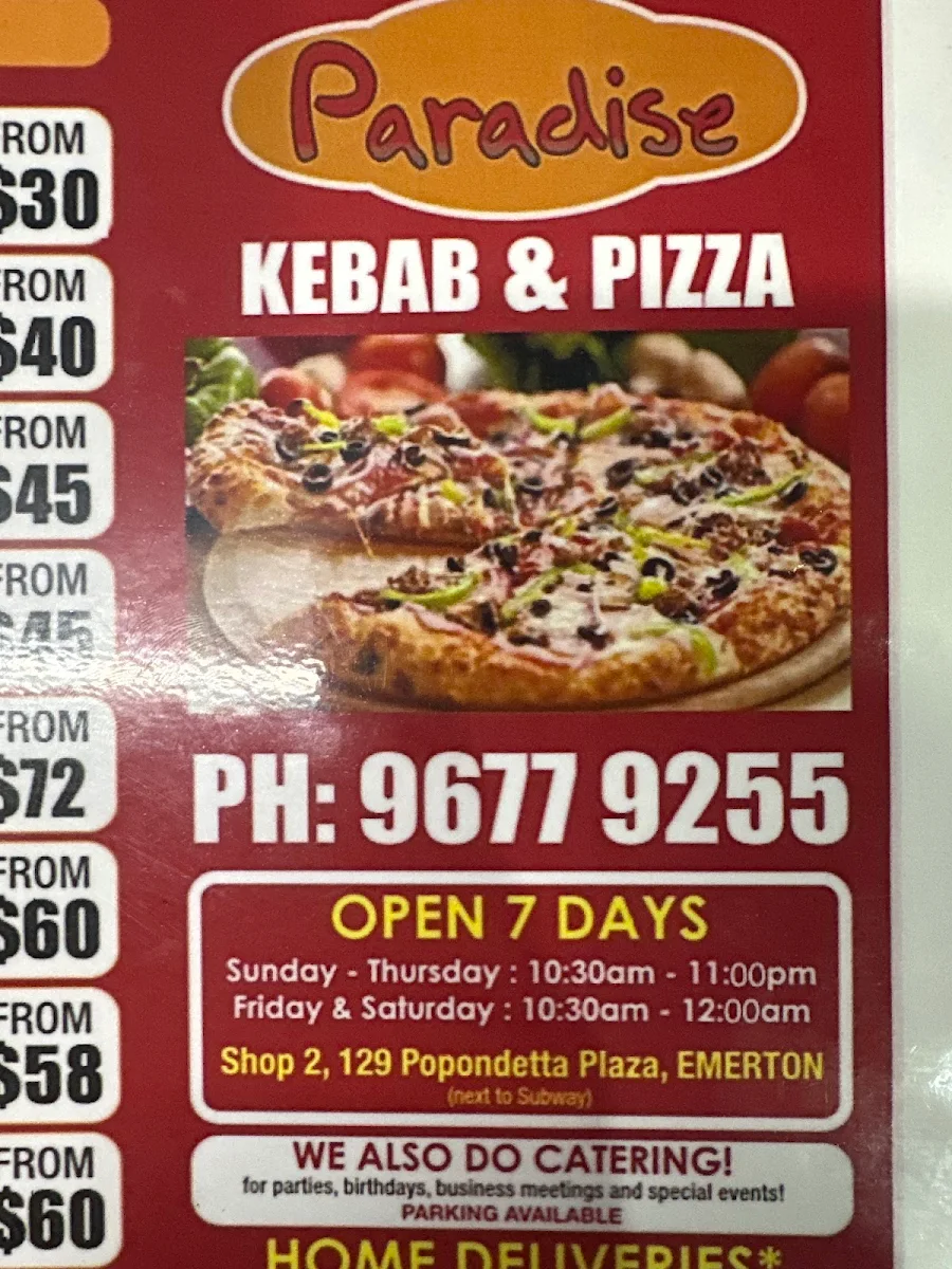 Menu, Paradise Kebab & Pizza