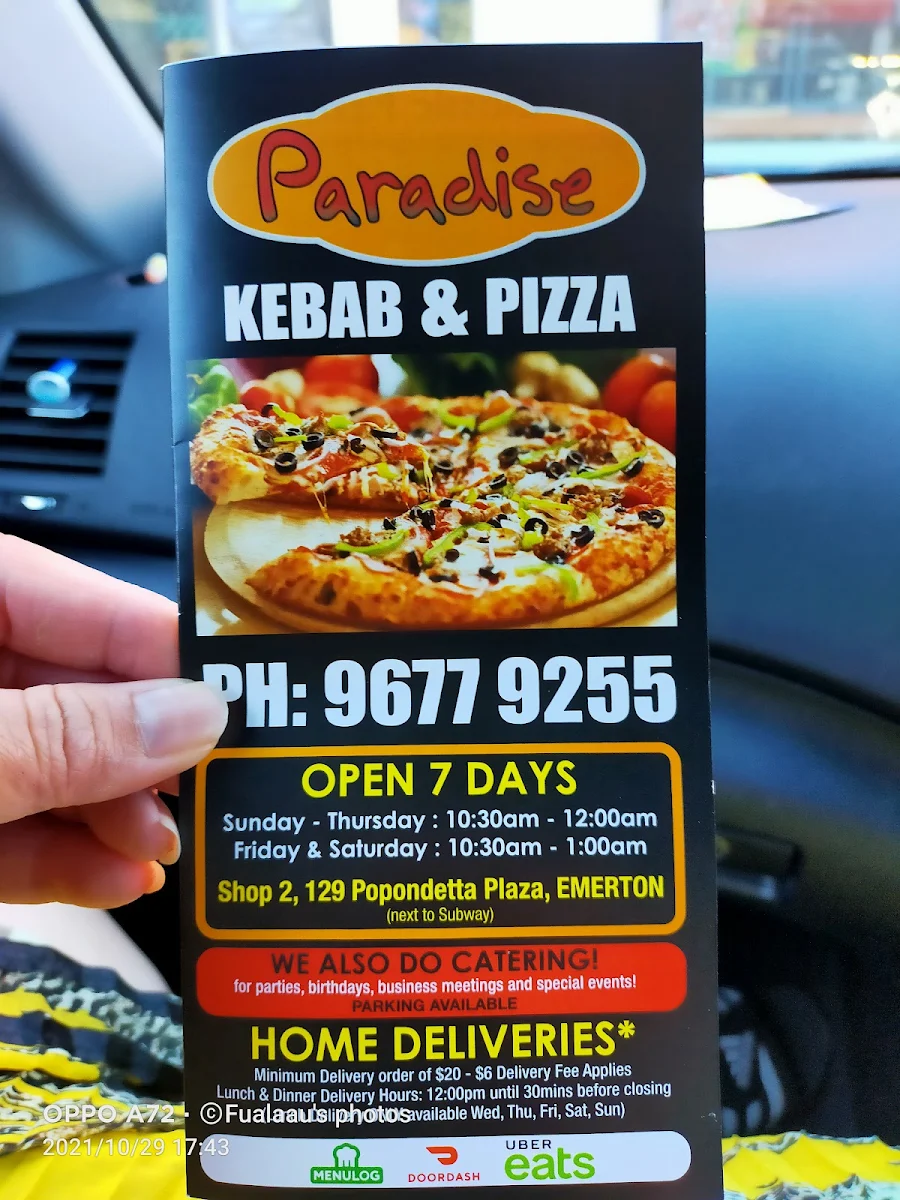 Menu, Paradise Kebab & Pizza