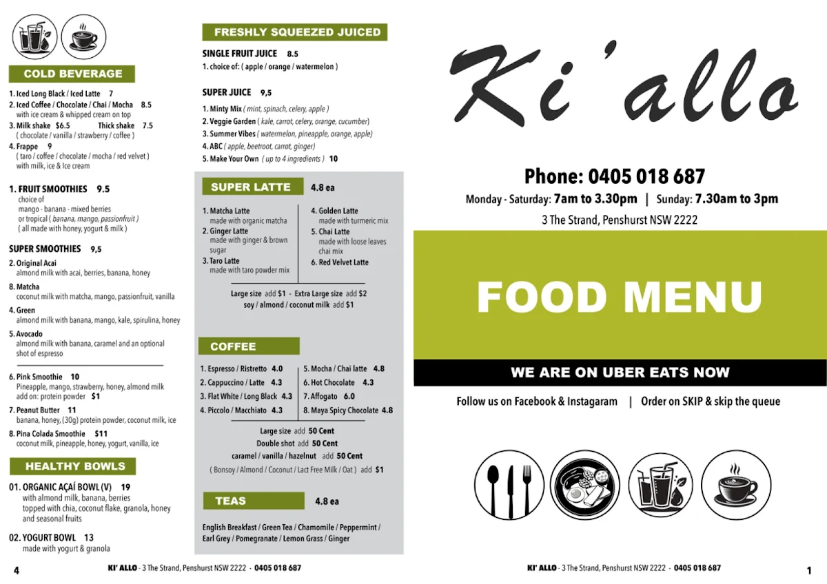 Menu, Ki Allo Cafe
