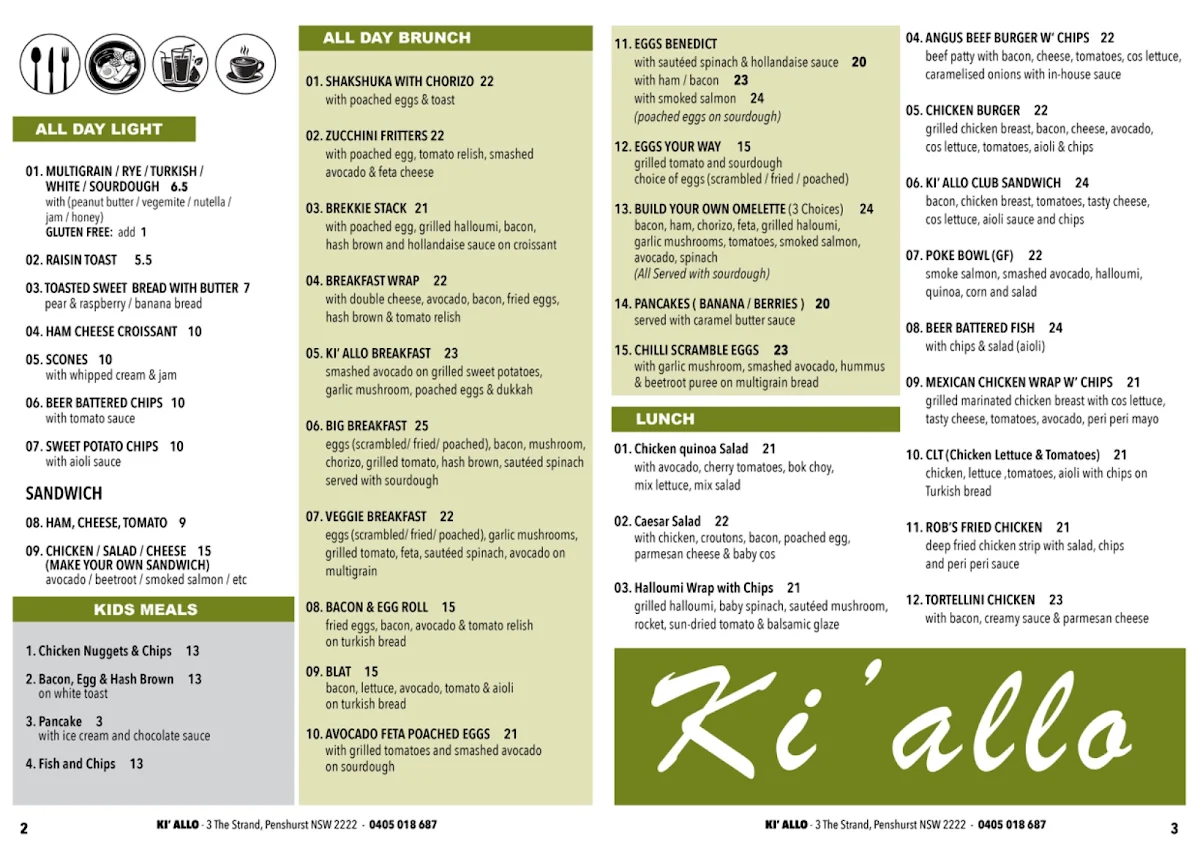 Menu, Ki Allo Cafe
