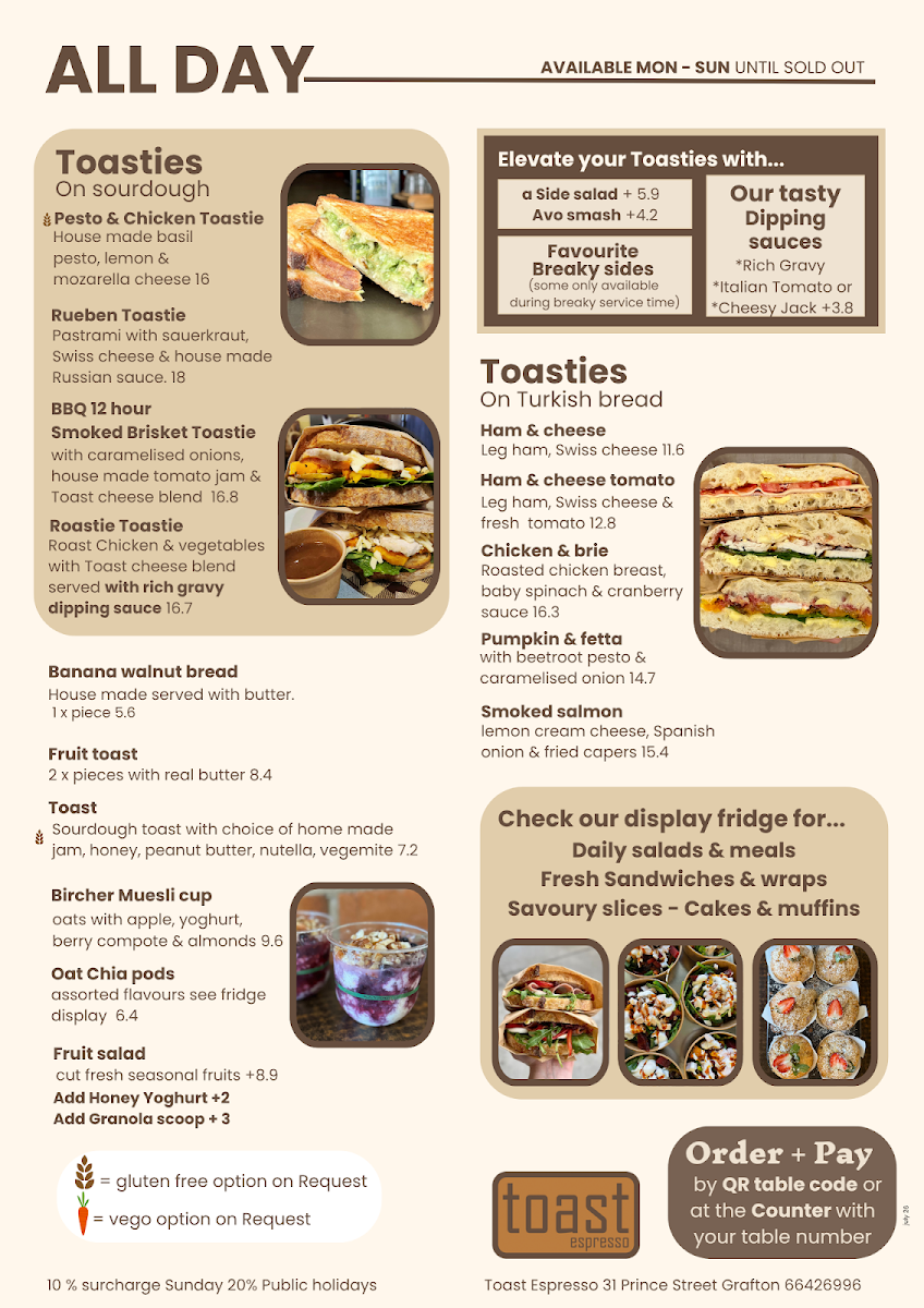 Menu, Toast Espresso