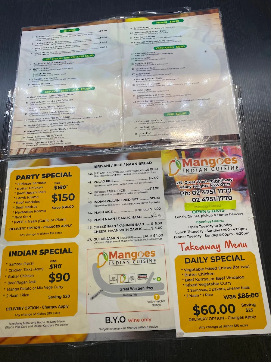 Menu, Mangoes Indian Cuisine