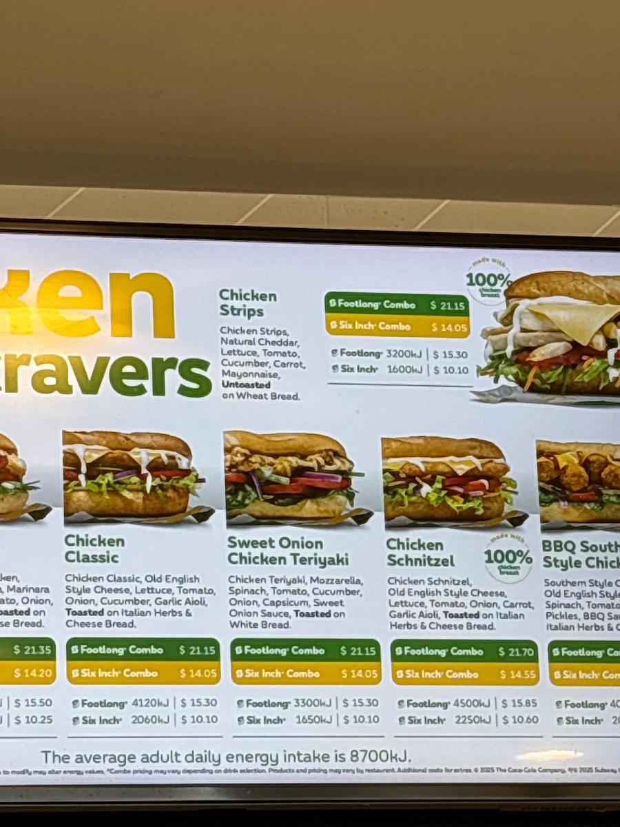 Menu, Subway