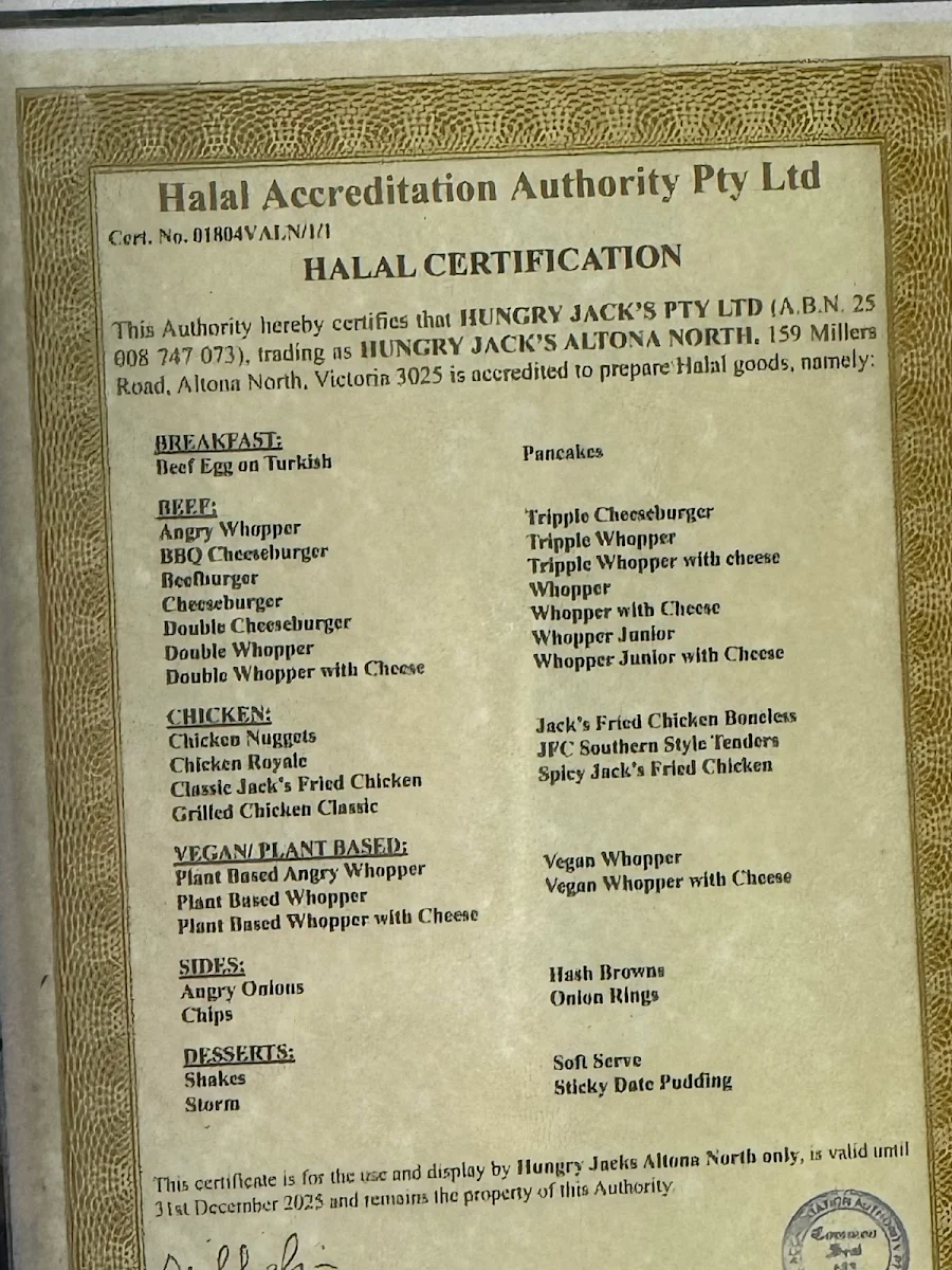 Menu, Hungry Jack's Burgers Altona North
