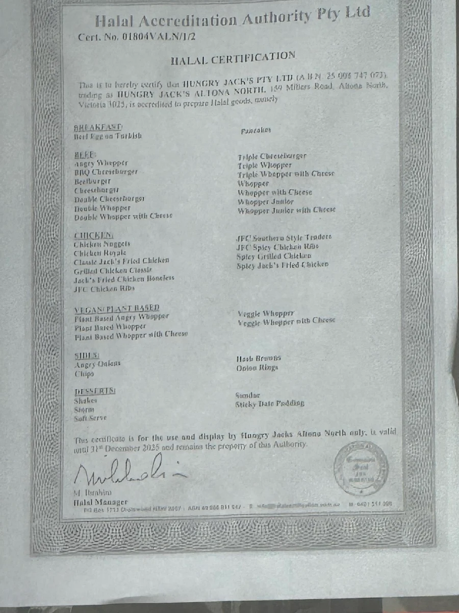 Menu, Hungry Jack's Burgers Altona North