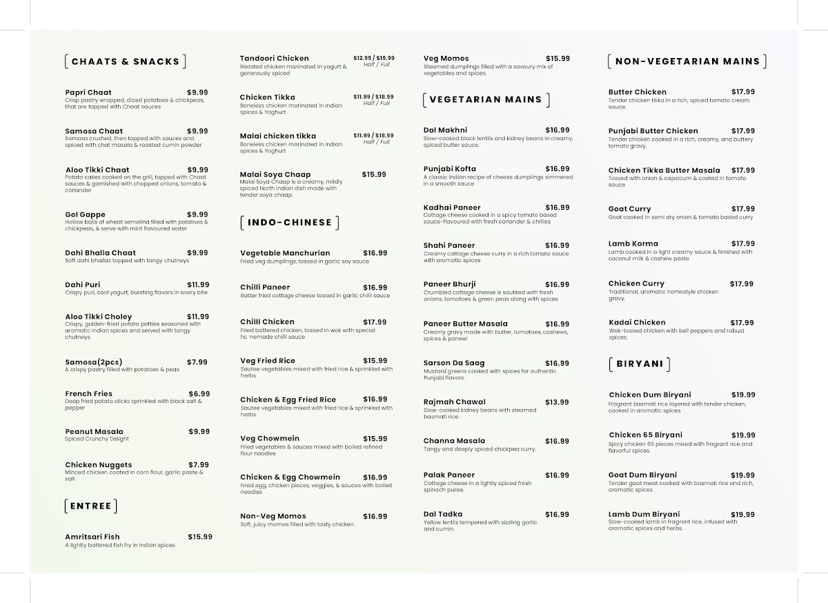Menu, Laung laachi Express Indian Restaurant