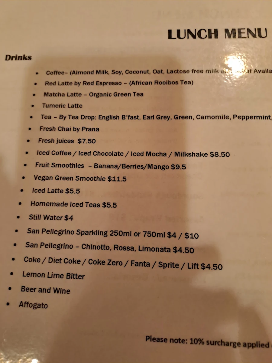Menu, Euro Lane Cafe