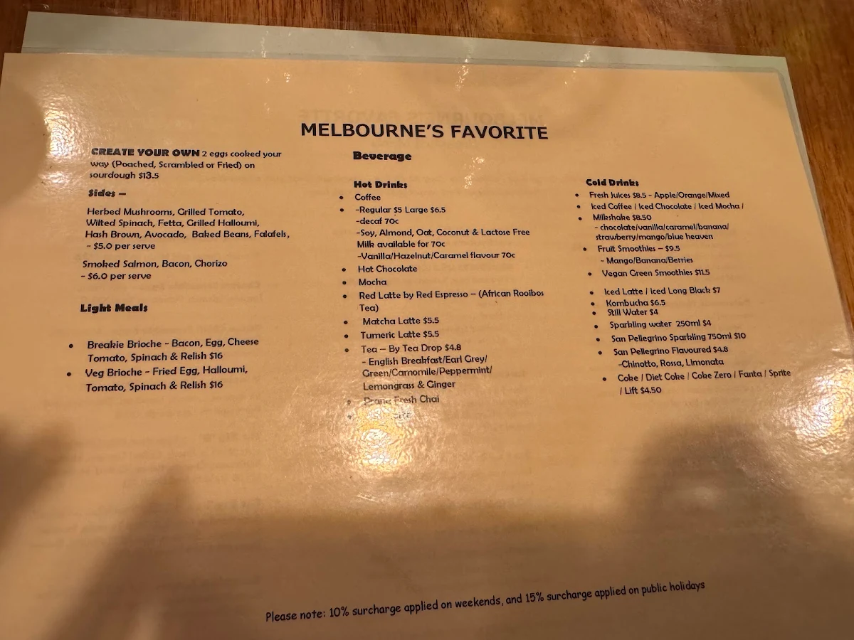 Menu, Euro Lane Cafe