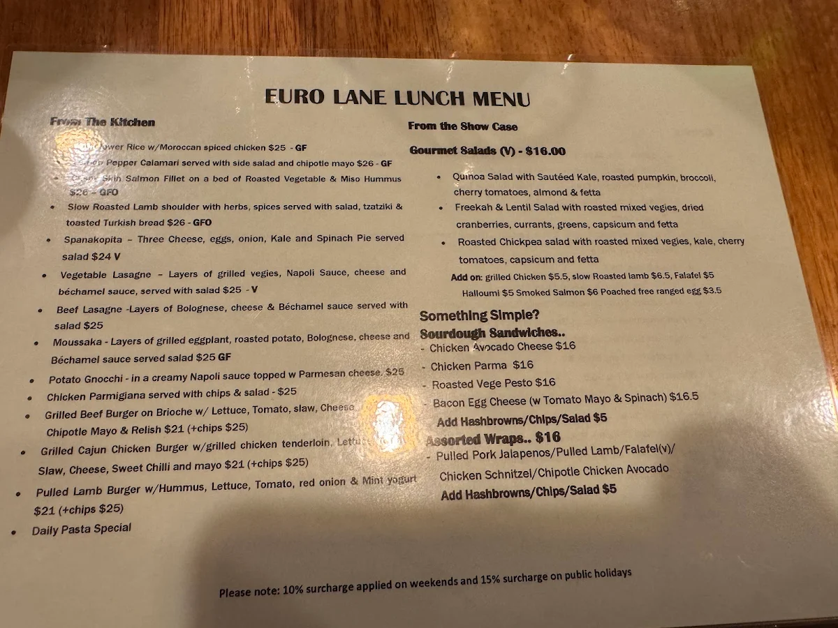Menu, Euro Lane Cafe