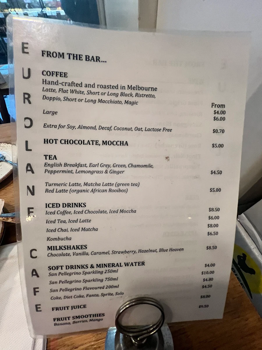 Menu, Euro Lane Cafe