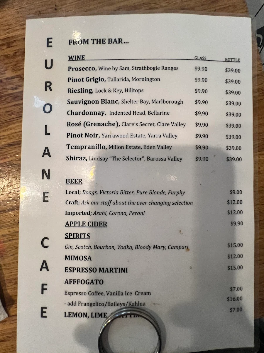 Menu, Euro Lane Cafe