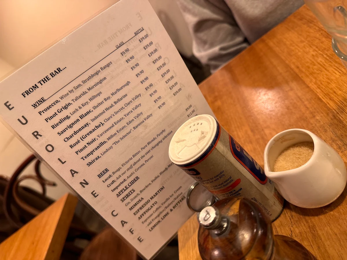 Menu, Euro Lane Cafe